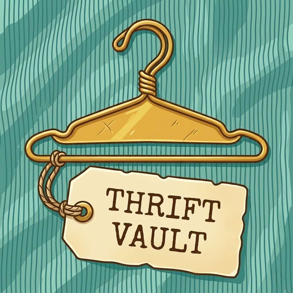 ThriftVault — vintage hanger and price-tag emblem on teal fabric