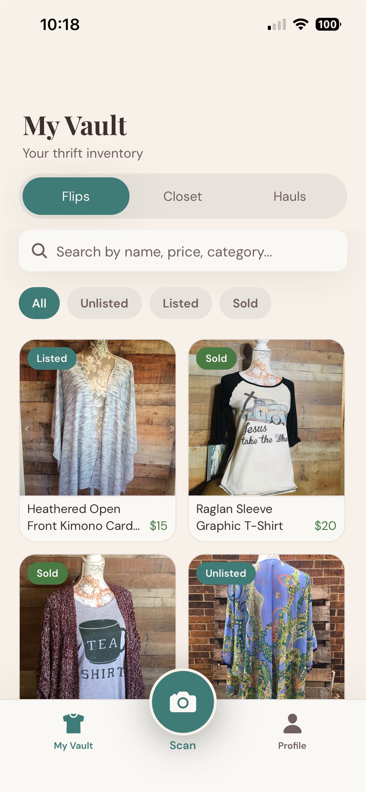 ThriftVault inventory grid showing tracked thrift finds with prices and statuses