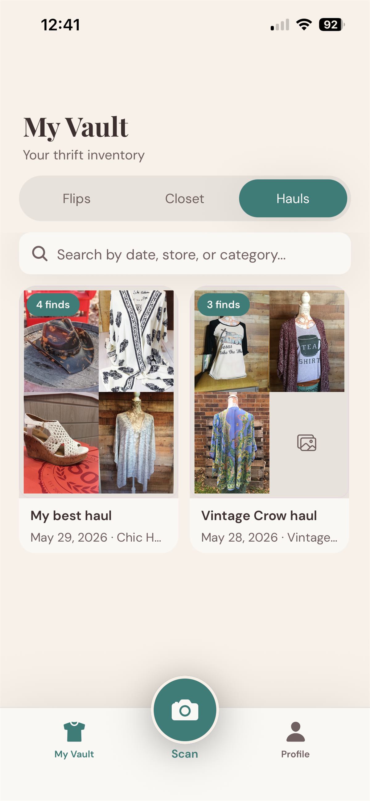 ThriftVault hauls view auto-grouping finds by shopping trip with thumbnails and totals