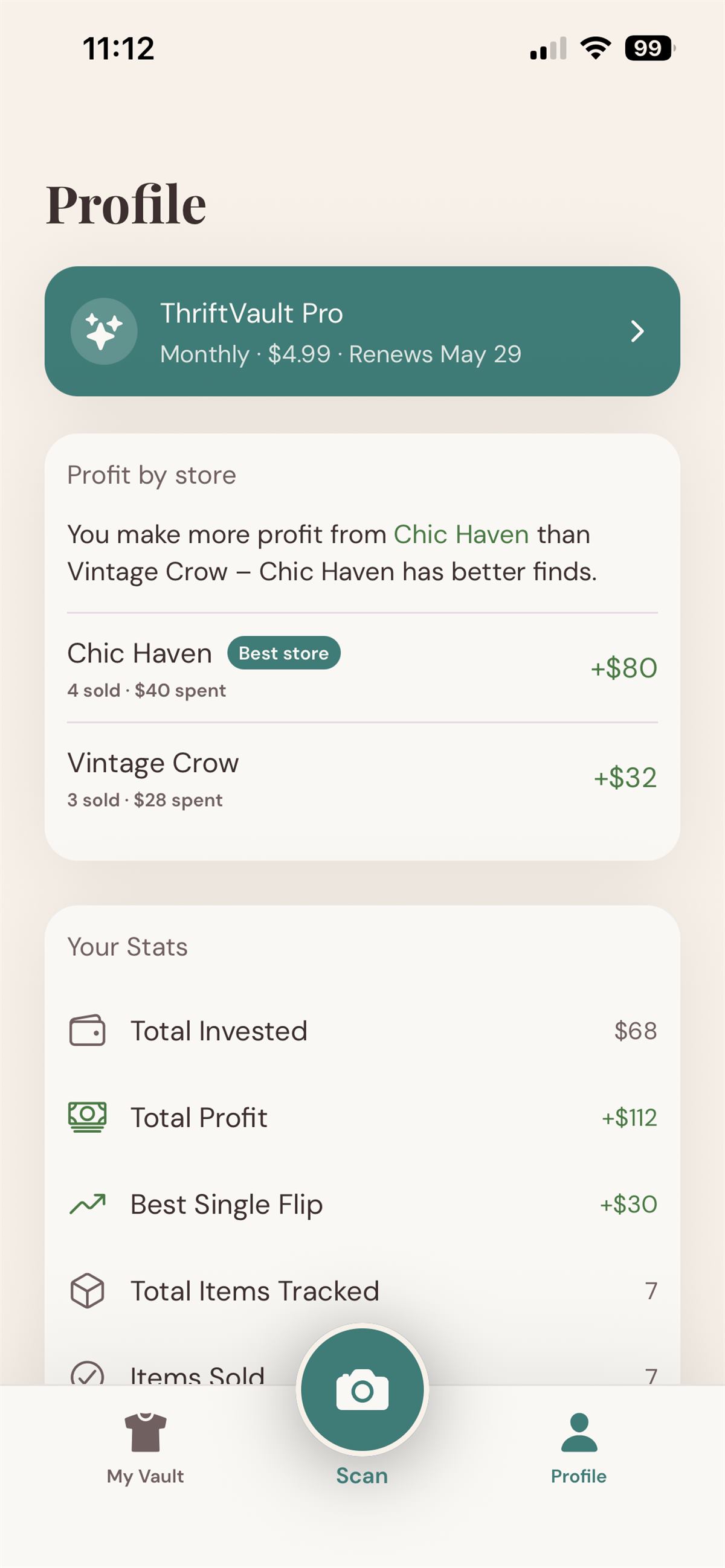 ThriftVault profile screen showing total invested, profit, ROI, and top-performing stores