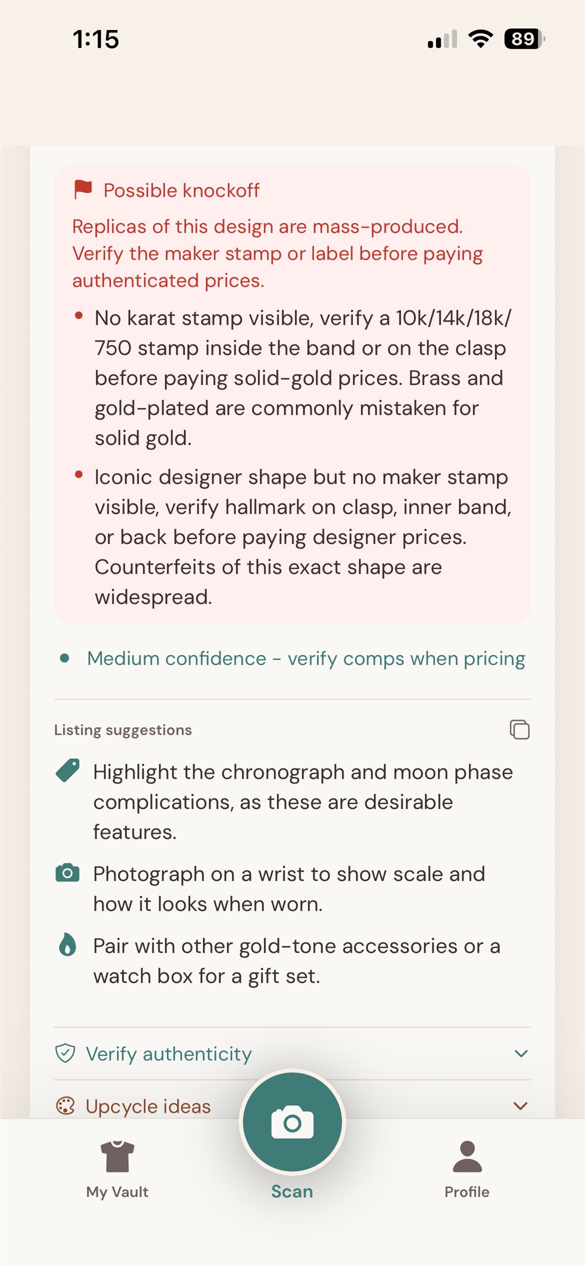 ThriftVault scan with a red counterfeit warning banner asking the user to confirm whether the item looks fake