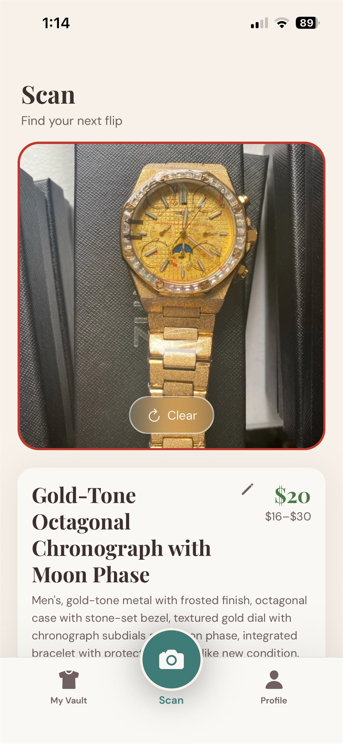 ThriftVault scan with a teal verification banner suggesting the user inspect the item in person before paying